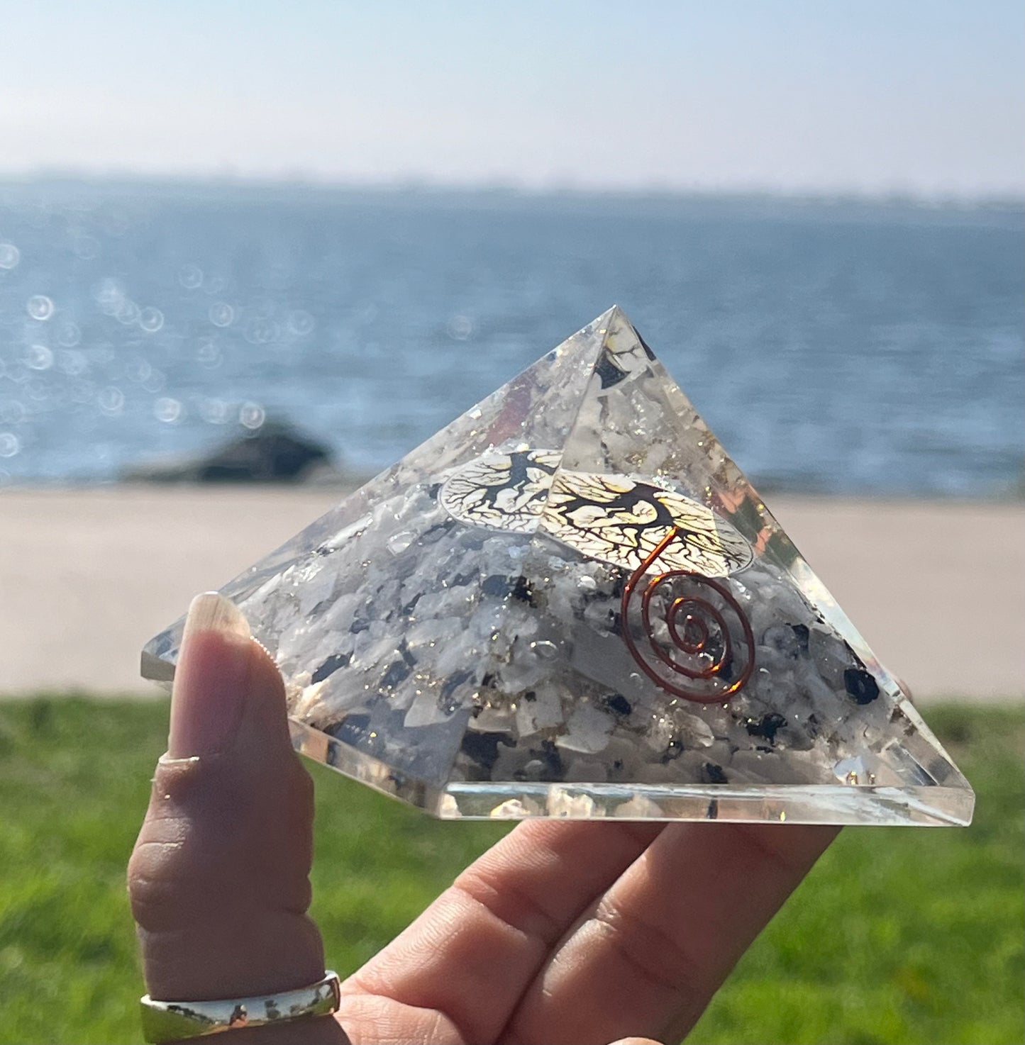 Orgone Pyramid Rainbow Moonstone with Tree of Life