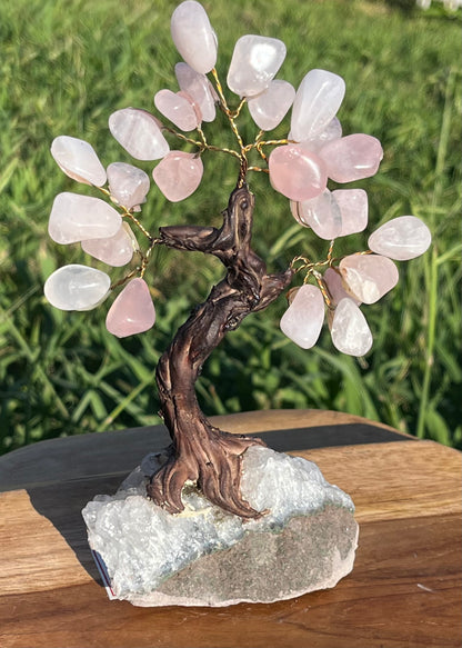 Bonsai Rose Quartz Trees on Amethyst base