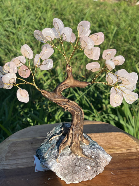 Bonsai Rose Quartz Trees on Amethyst base