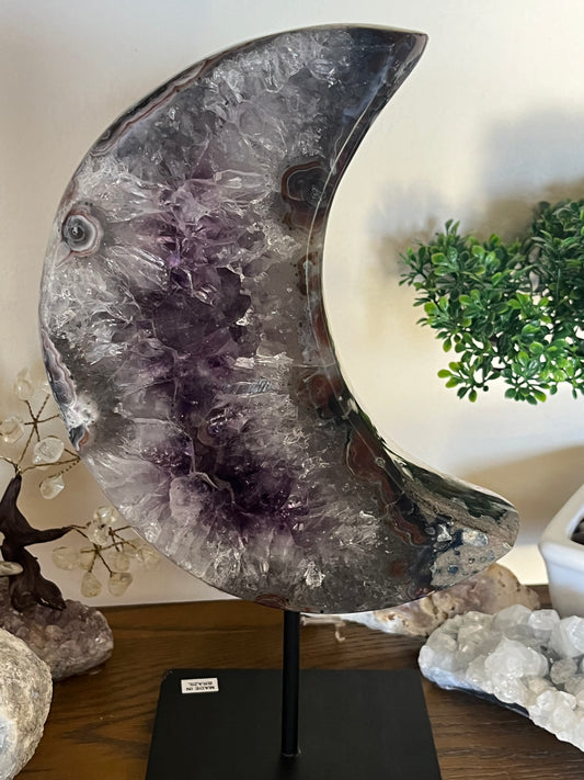 XXL Amethyst and Quartz Moon on Stand