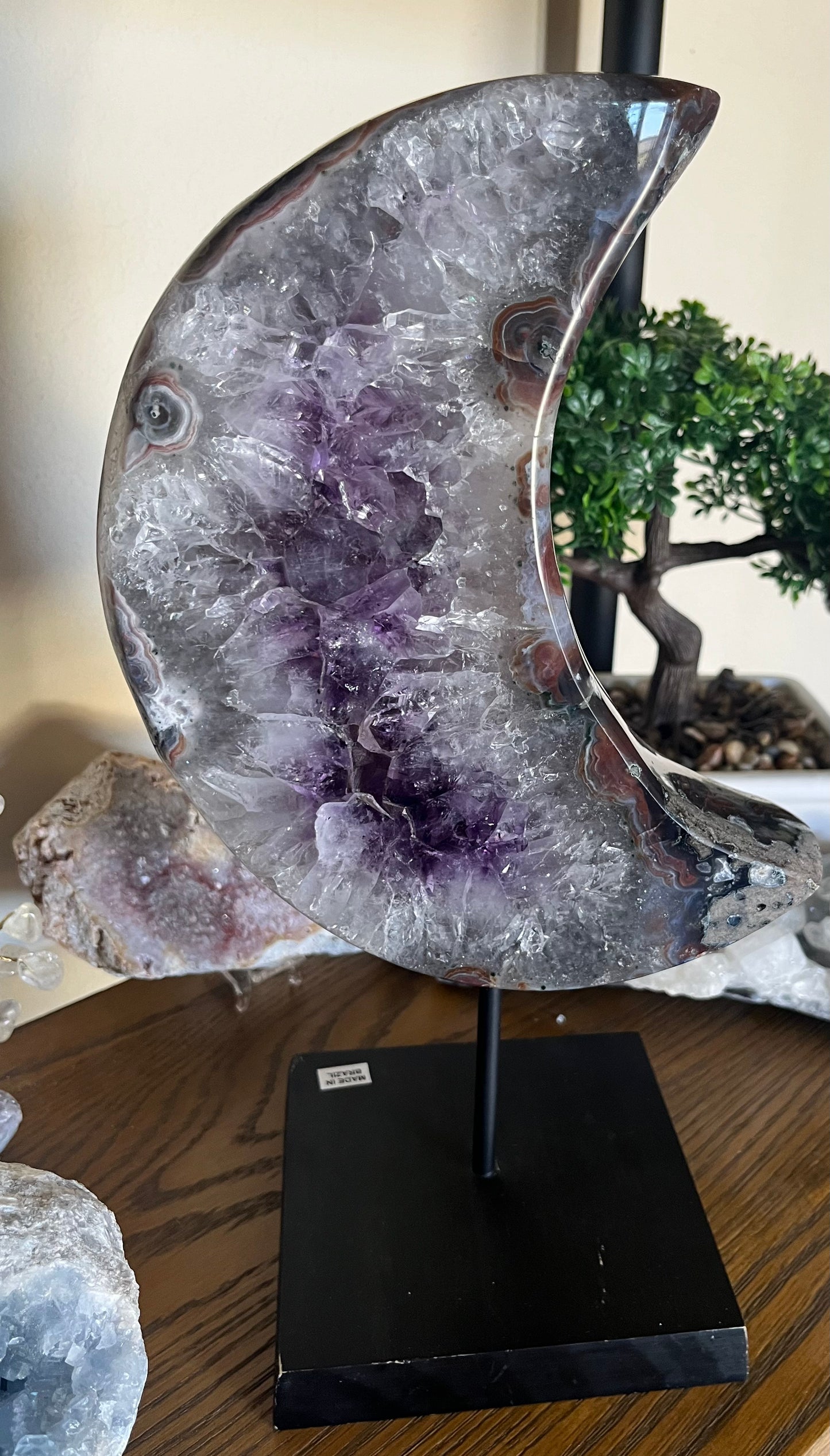 XXL Amethyst and Quartz Moon on Stand