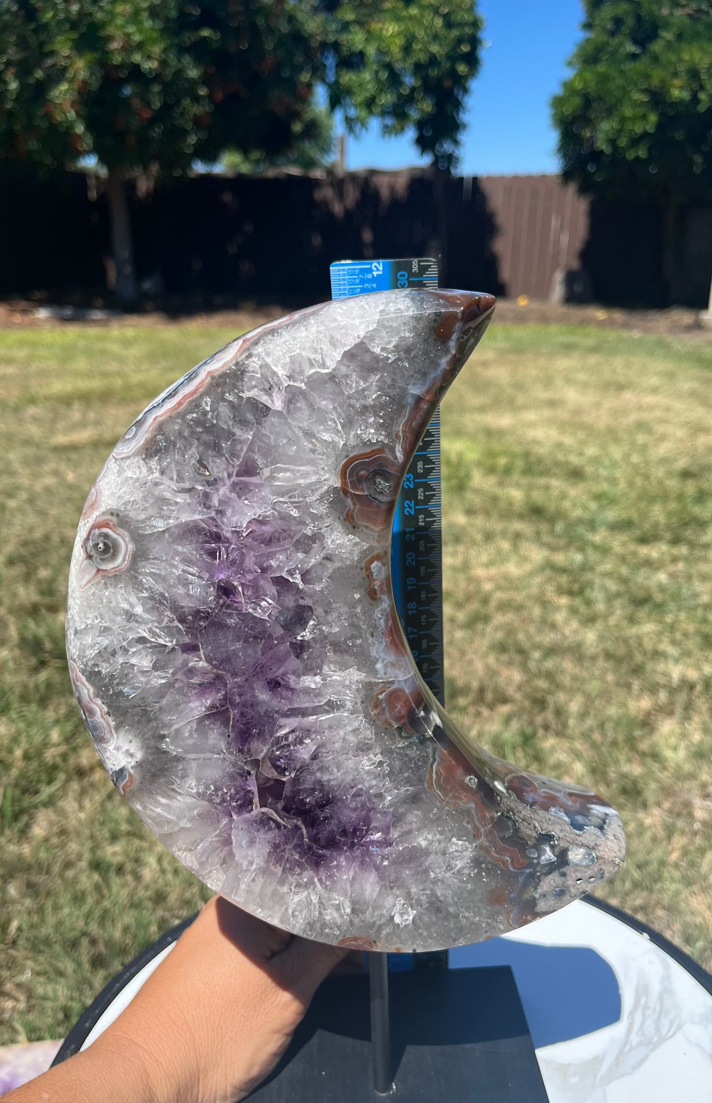 XXL Amethyst and Quartz Moon on Stand