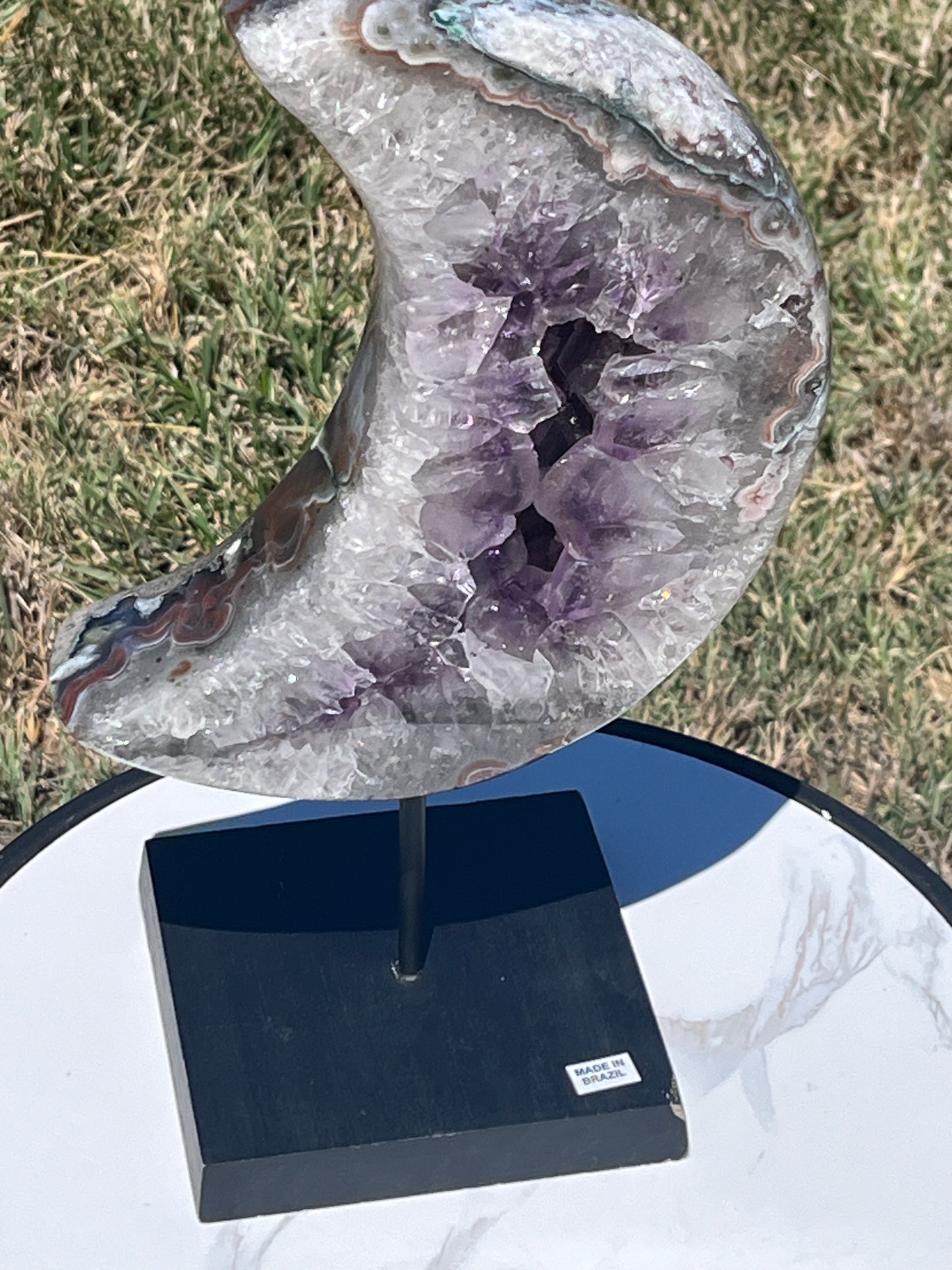 XXL Amethyst and Quartz Moon on Stand