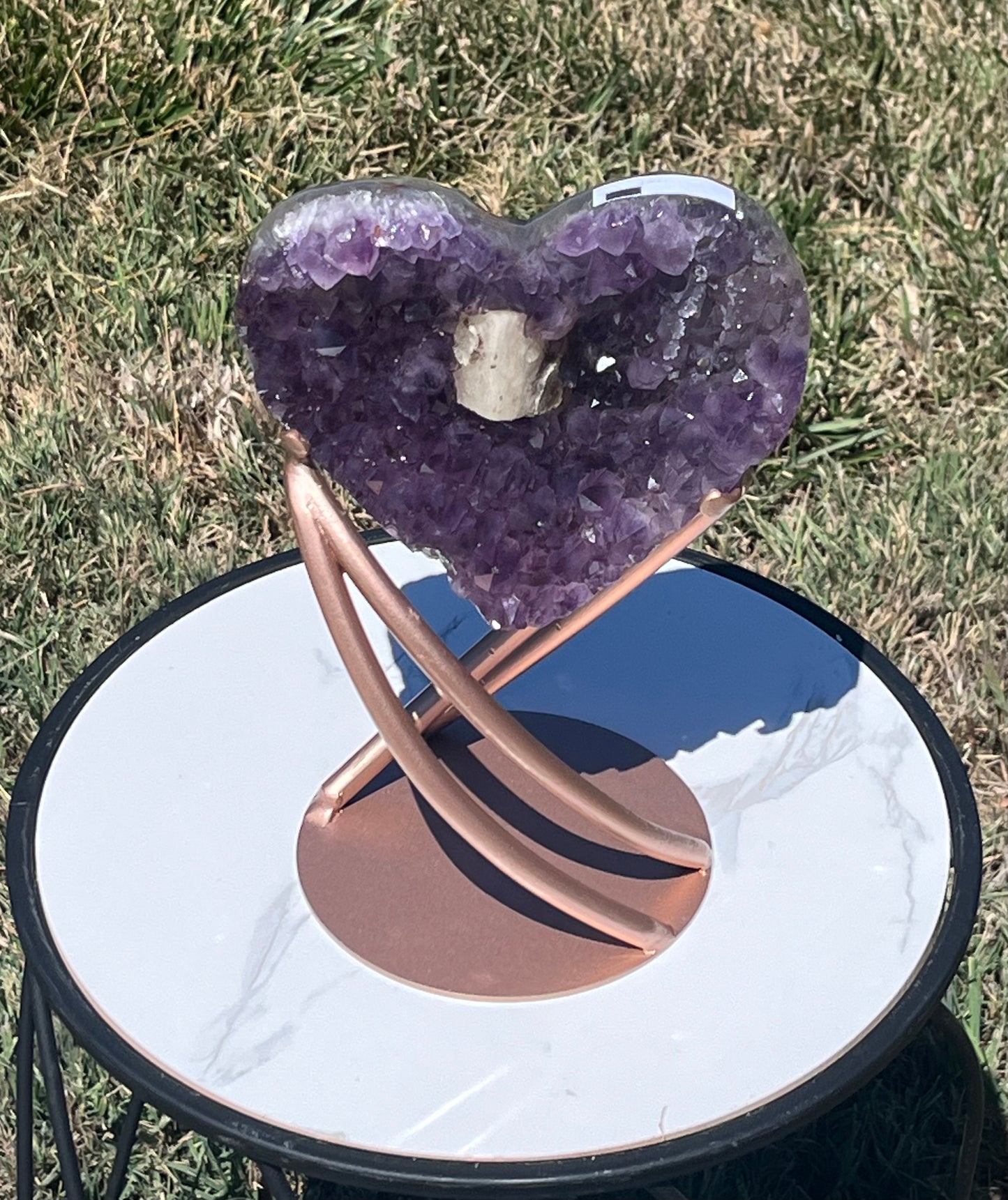 Amethyst Heart with Calcite on stand