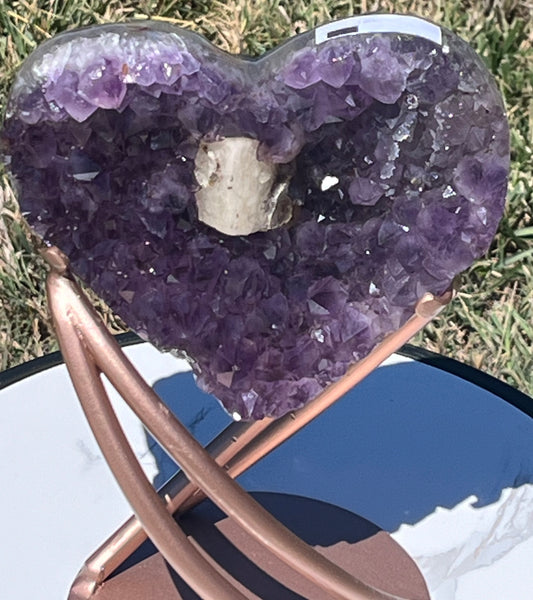 Amethyst Heart with Calcite on stand