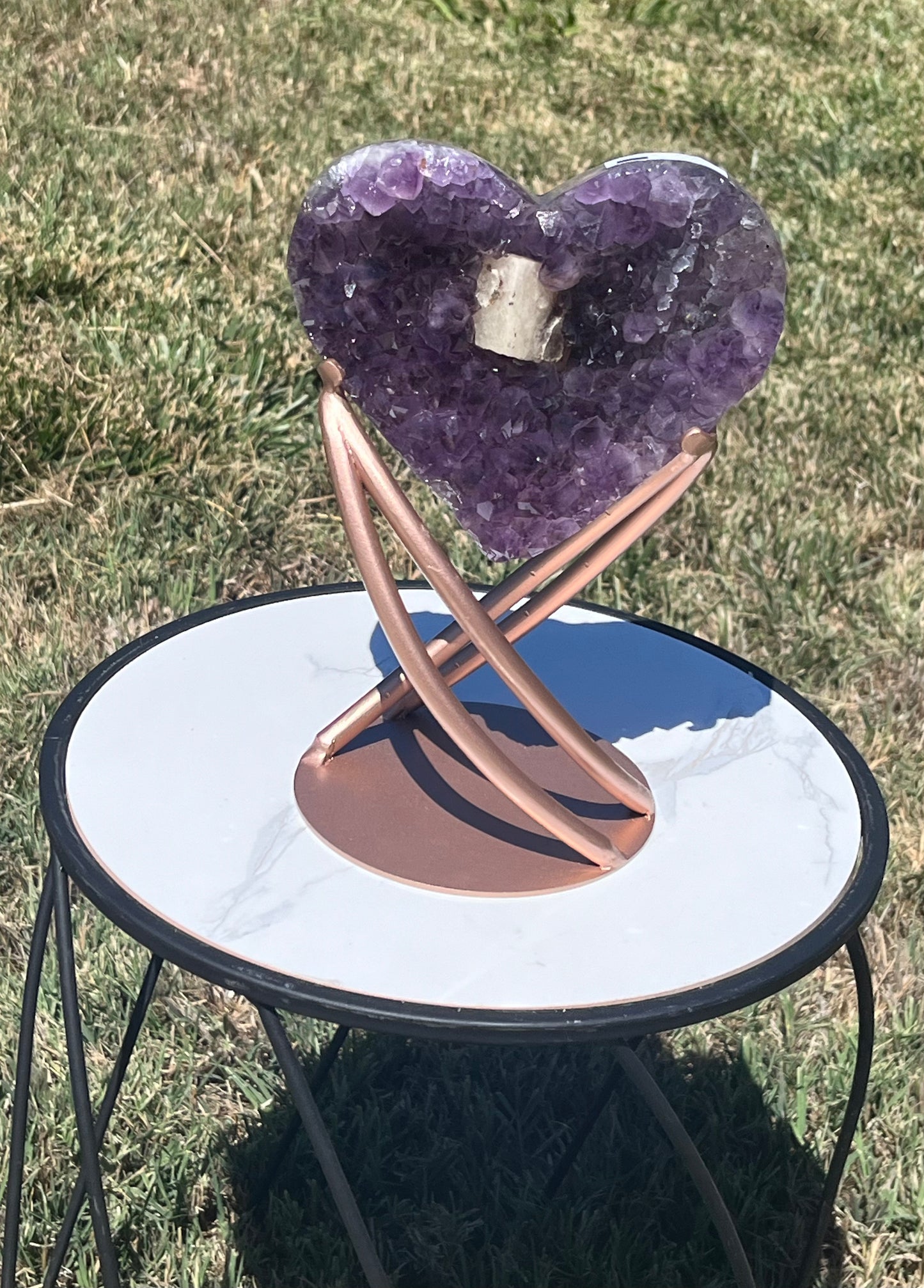 Amethyst Heart with Calcite on stand