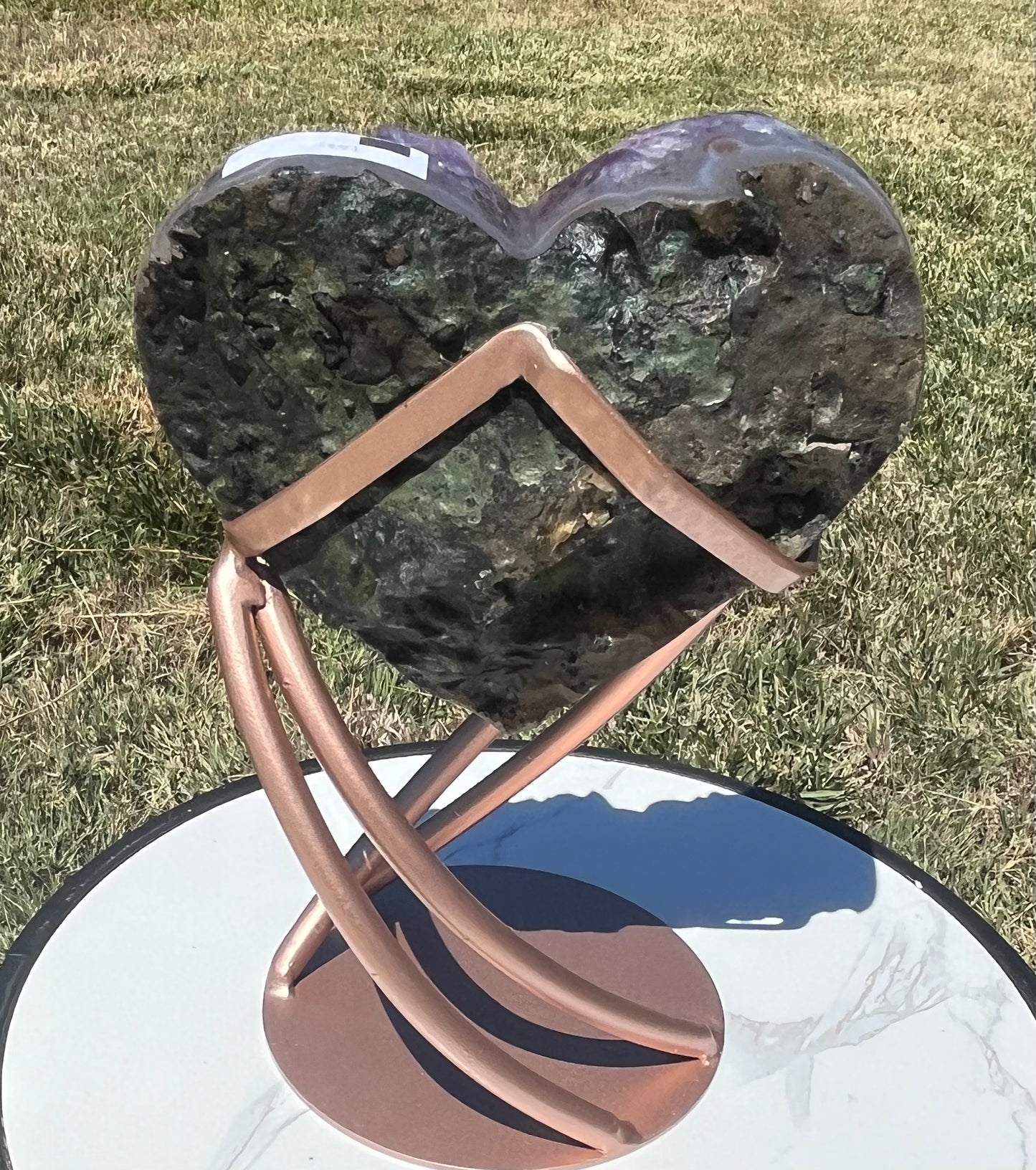 Amethyst Heart with Calcite on stand