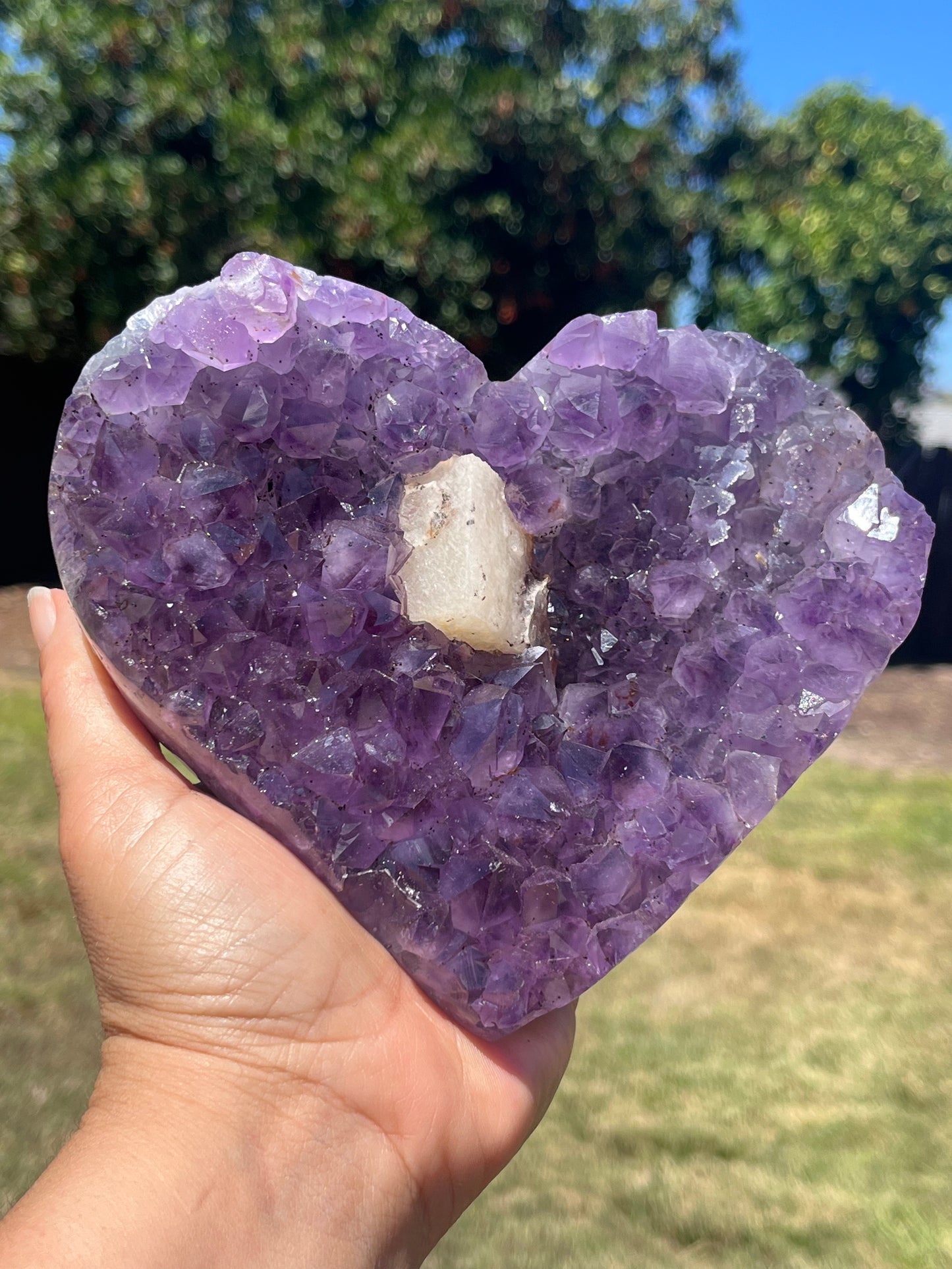 Amethyst Heart with Calcite on stand