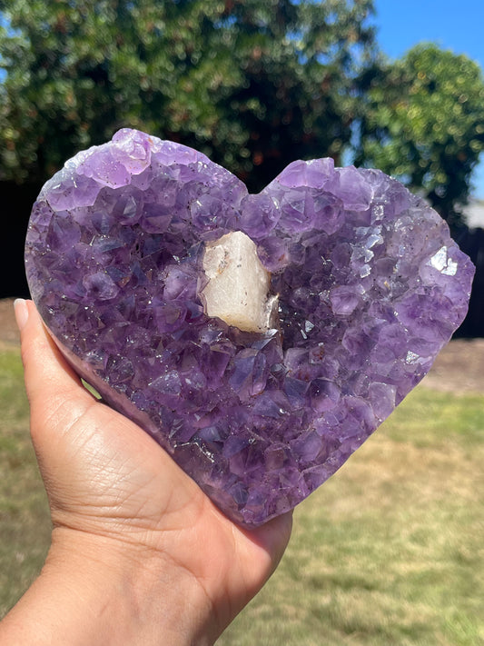 Amethyst Heart with Calcite on stand