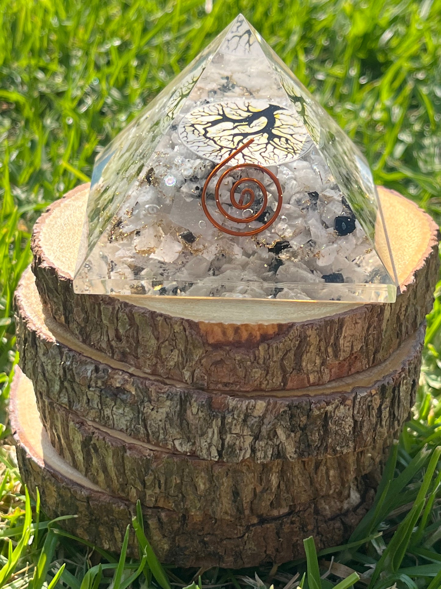 Orgone Pyramid Rainbow Moonstone  with Tree of Life