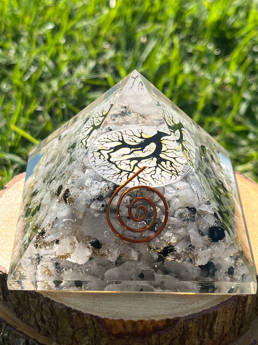 Orgone Pyramid Rainbow Moonstone  with Tree of Life