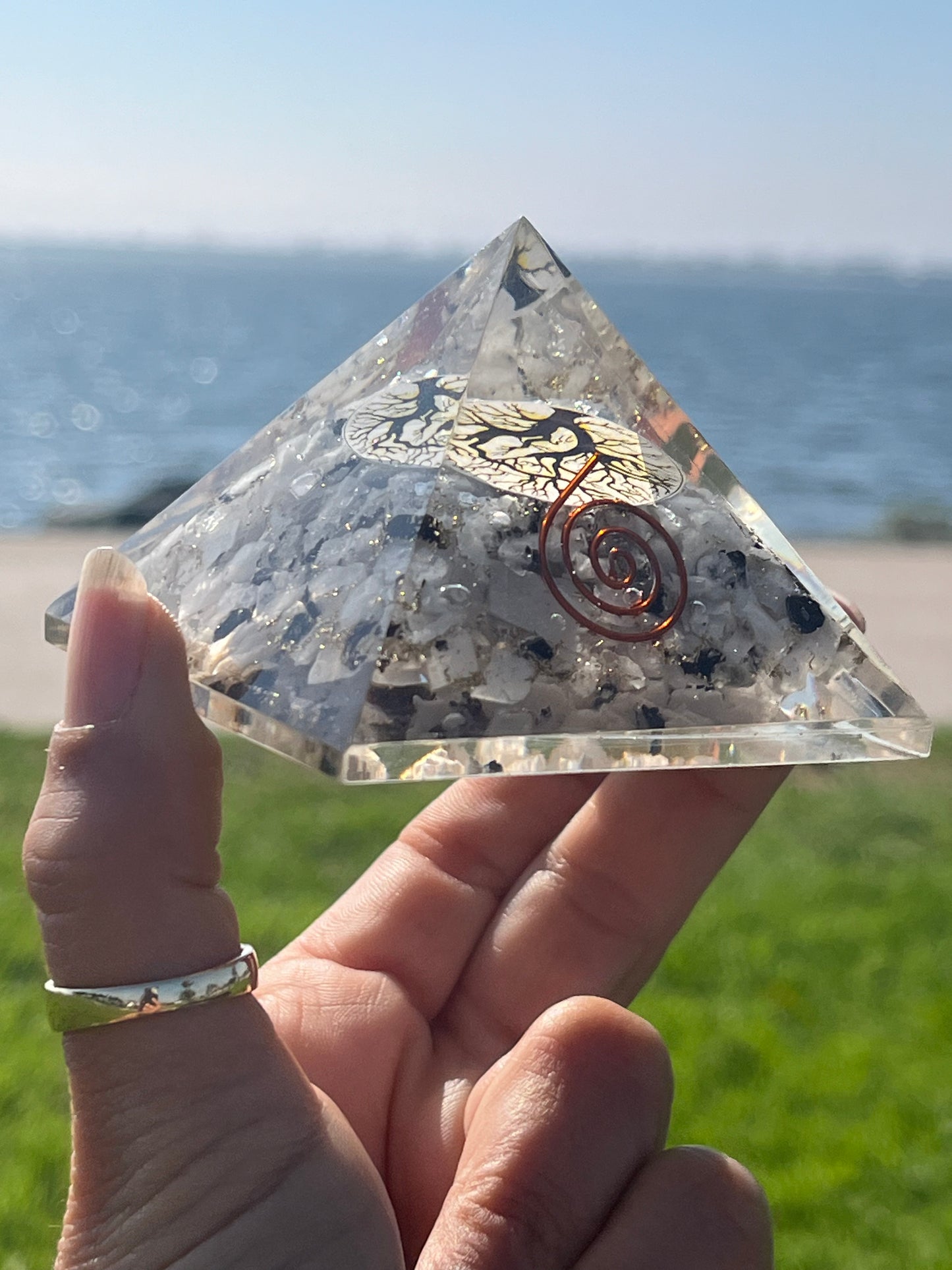 Orgone Pyramid Rainbow Moonstone  with Tree of Life