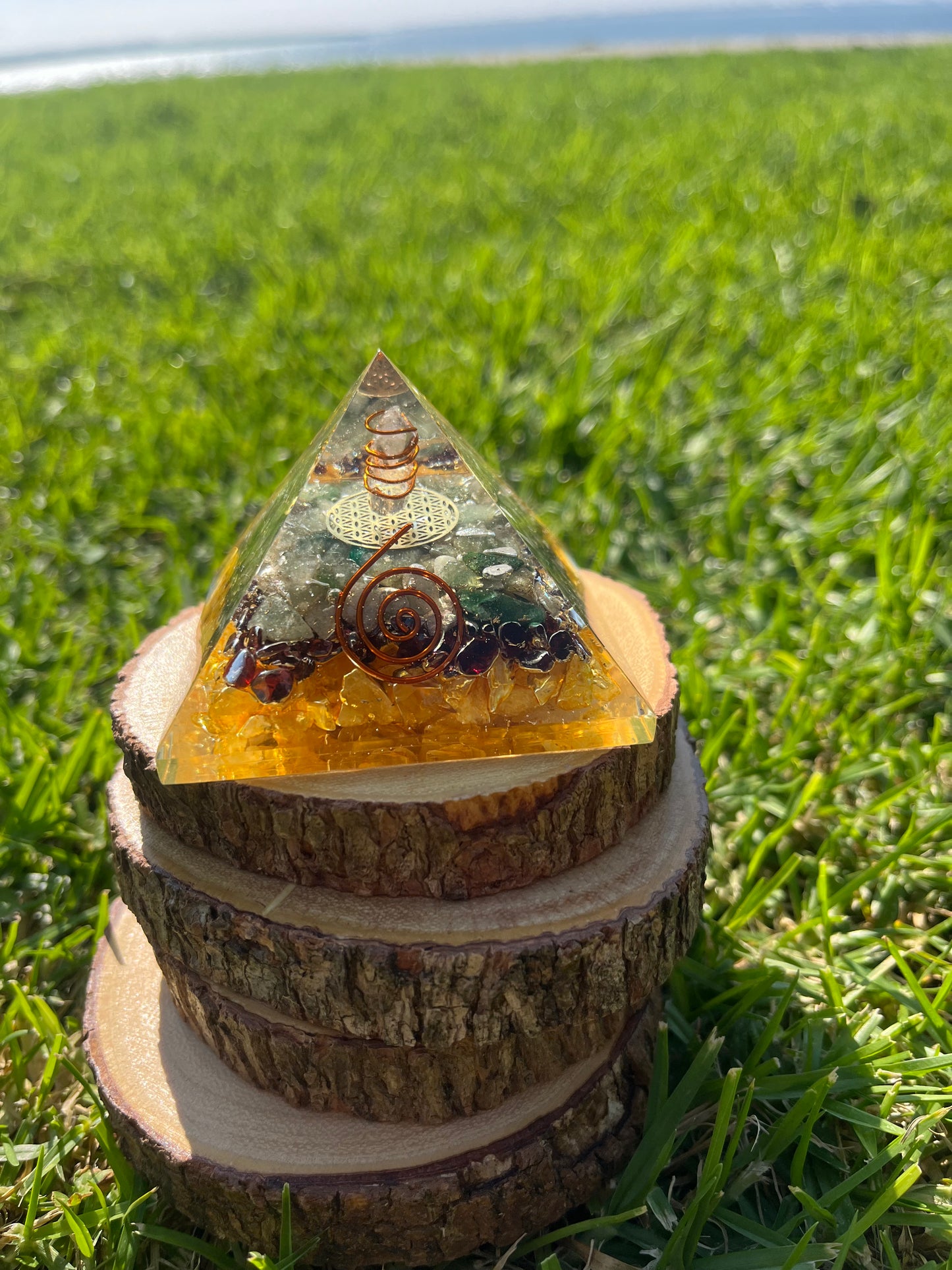 Orgone Pyramid Citrine, Yellow Quartz, Garnet & Green Aventurine