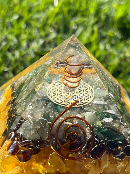 Orgone Pyramid Citrine, Yellow Quartz, Garnet & Green Aventurine