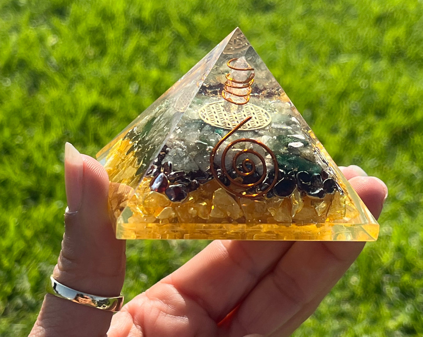 Orgone Pyramid Citrine, Yellow Quartz, Garnet & Green Aventurine