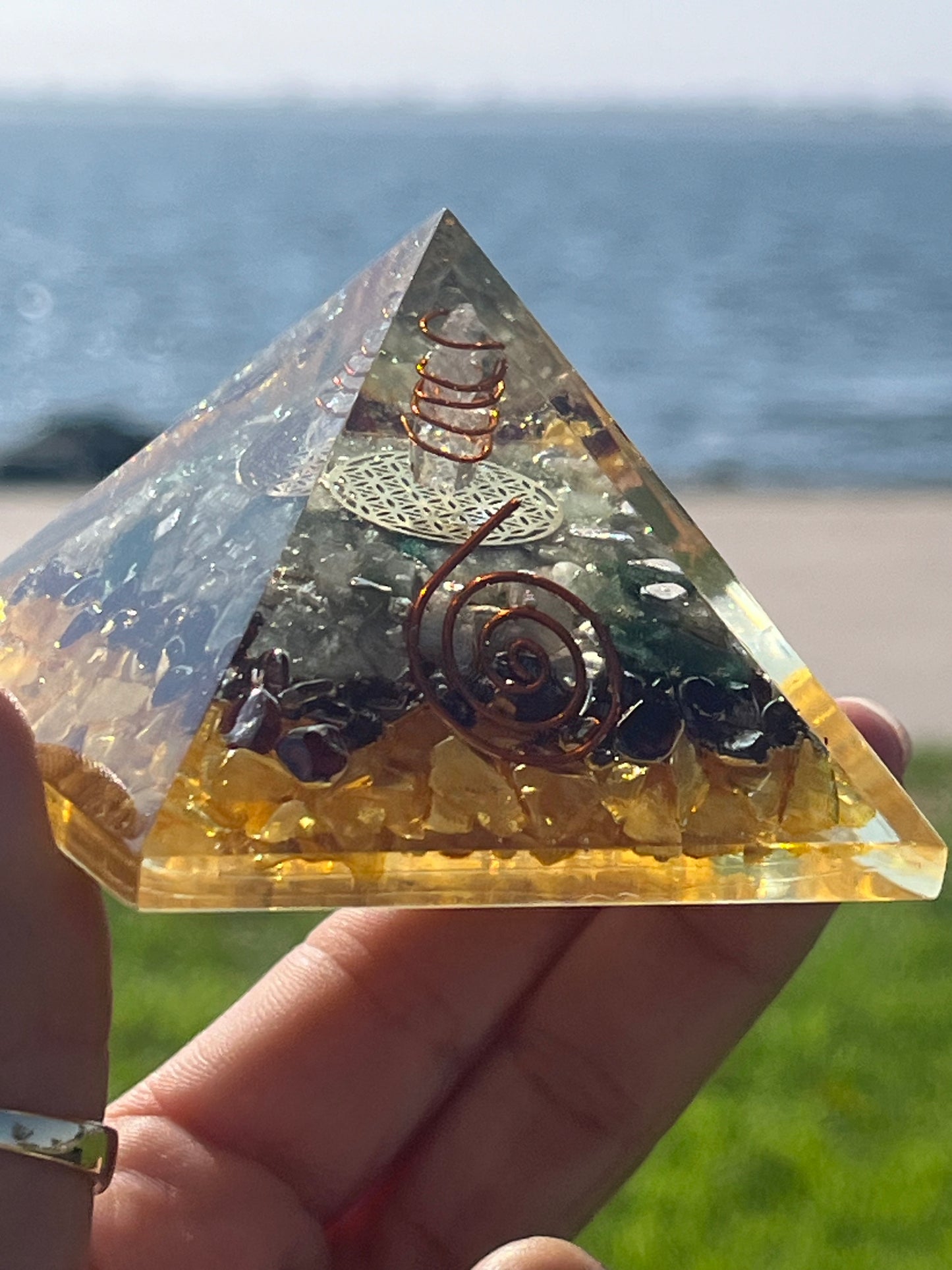 Orgone Pyramid Citrine, Yellow Quartz, Garnet & Green Aventurine