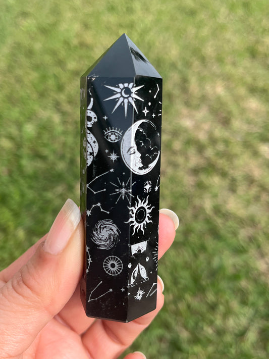 Black Obsidian Silver Etched Obelisk