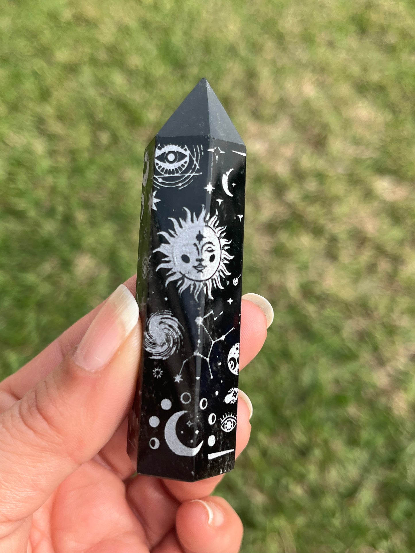 Black Obsidian Silver Etched Obelisk