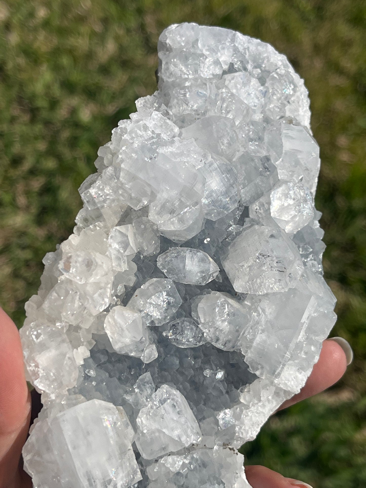 Diamond Apophyllite on Blue Chalcedony