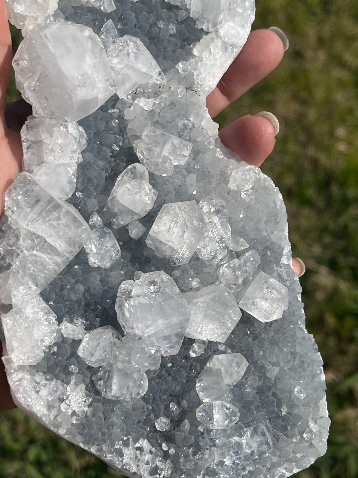 Diamond Apophyllite on Blue Chalcedony