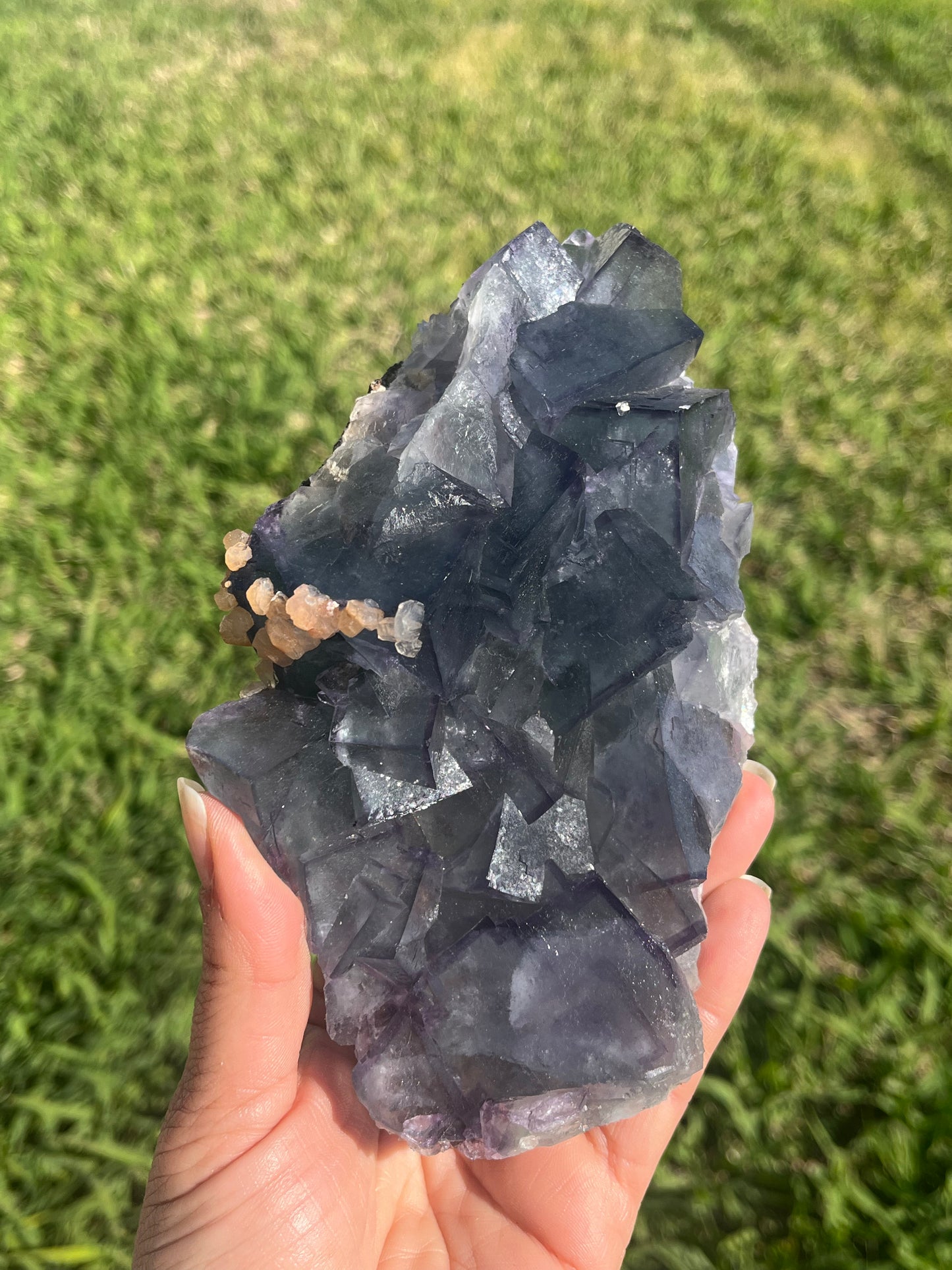 Rare Teal Blue with Purple Border Fluorite Specimen with Peach Stilbite