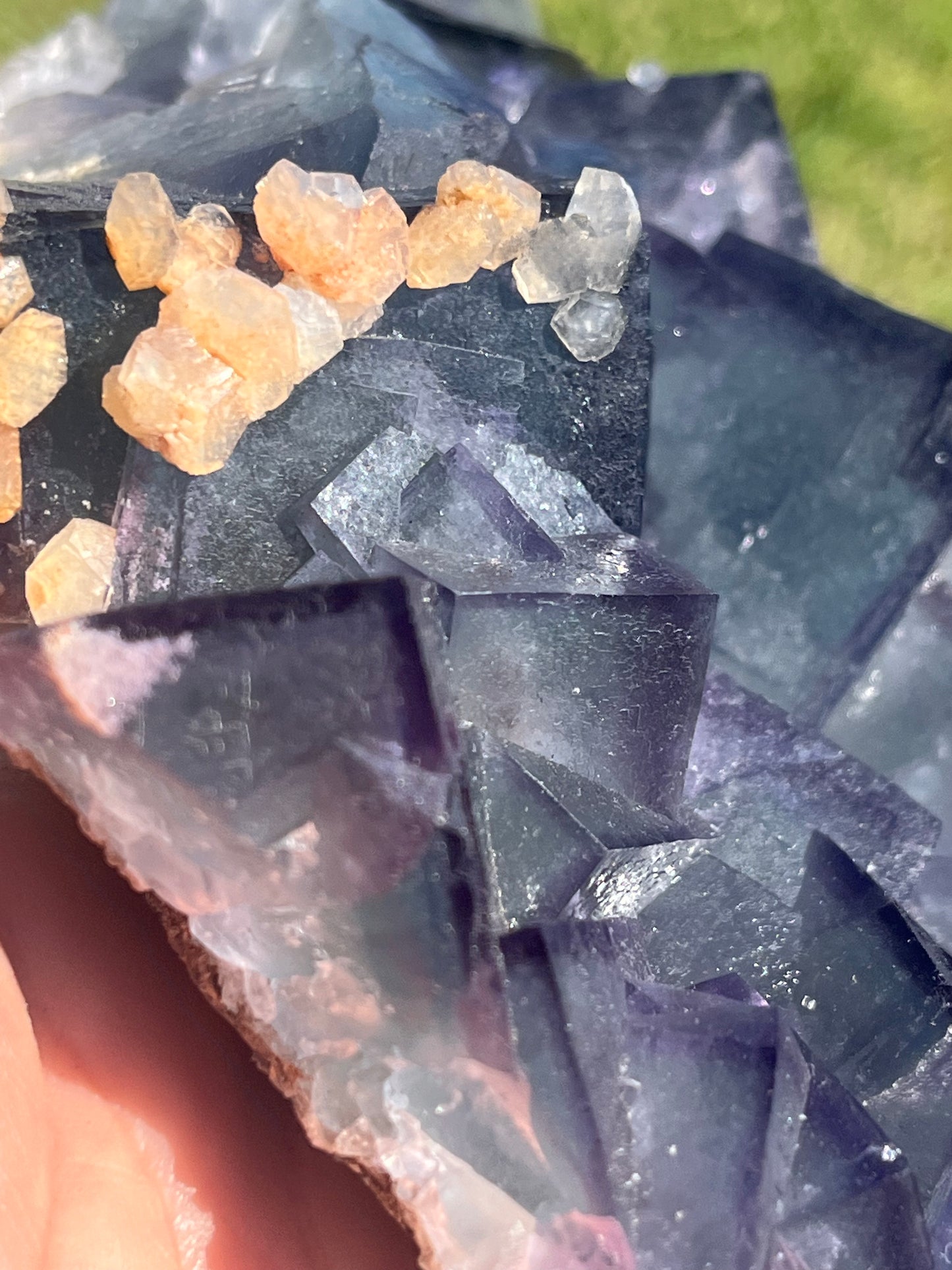 Rare Teal Blue with Purple Border Fluorite Specimen with Peach Stilbite