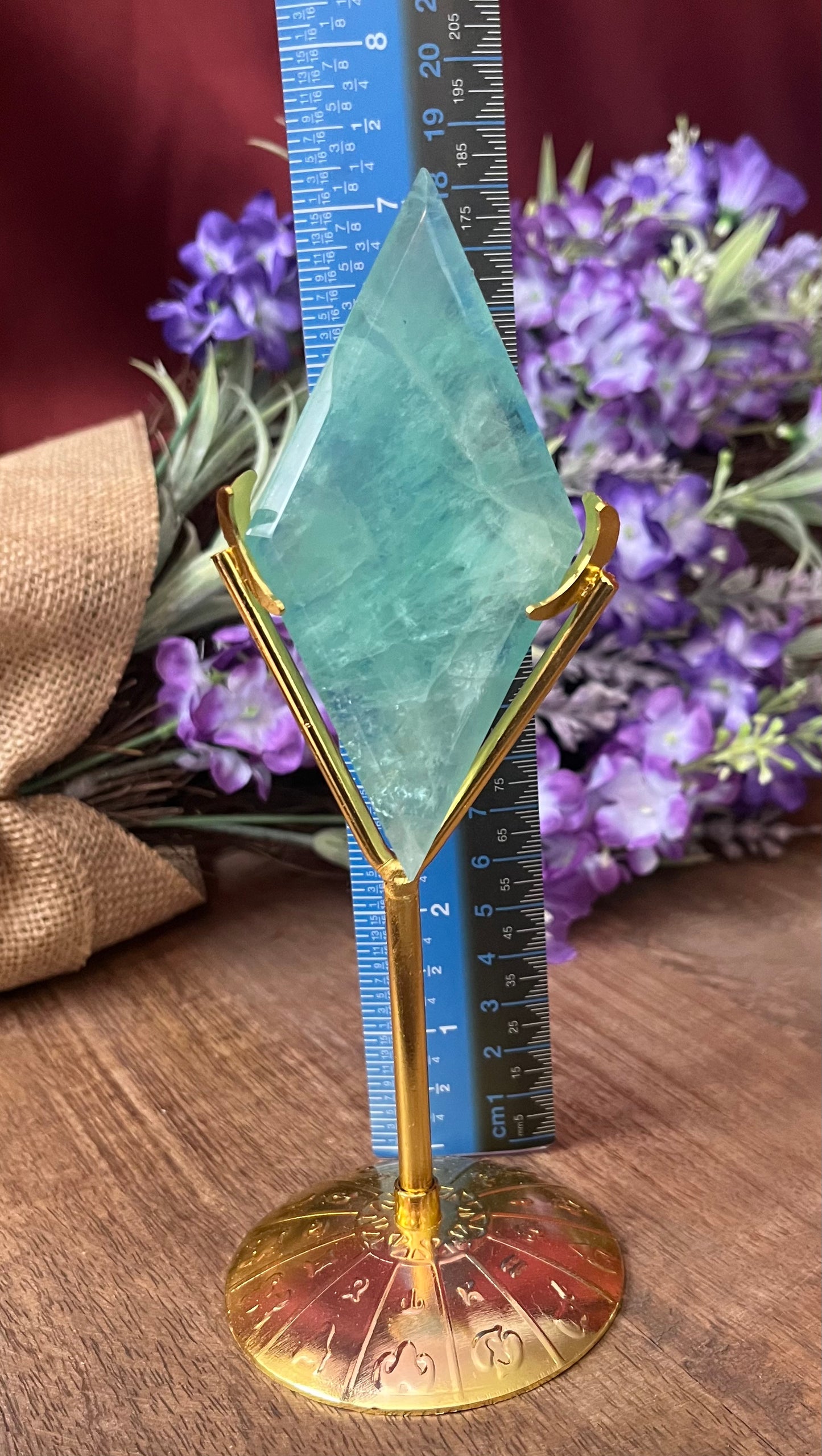 High Quality Green Fluorite Diamond on Gold Stand (sm)