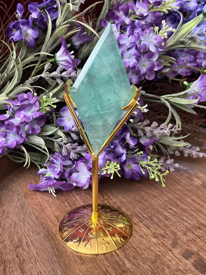 High Quality Green Fluorite Diamond on Gold Stand (sm)