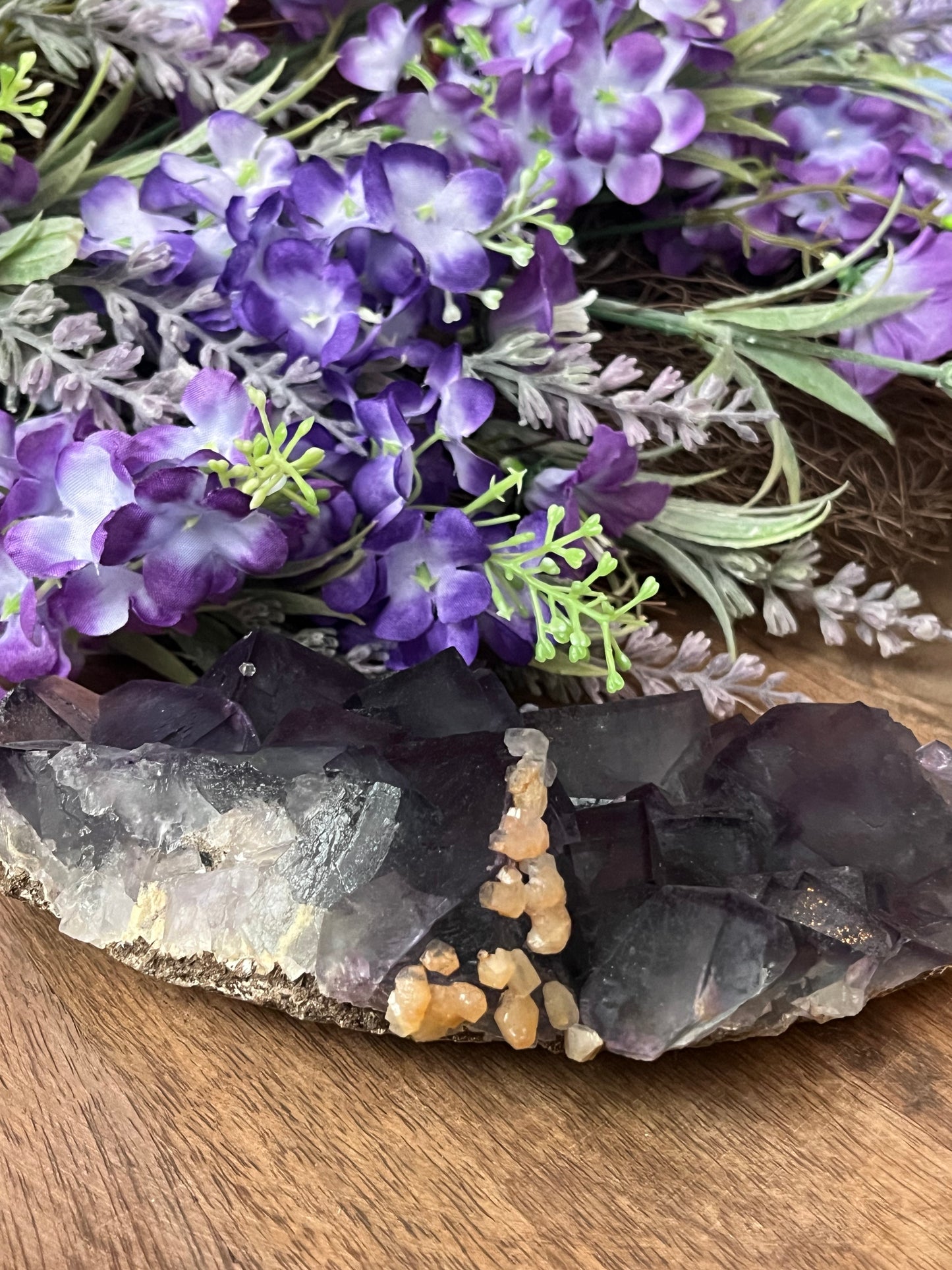 Rare Teal Blue with Purple Border Fluorite Specimen with Peach Stilbite