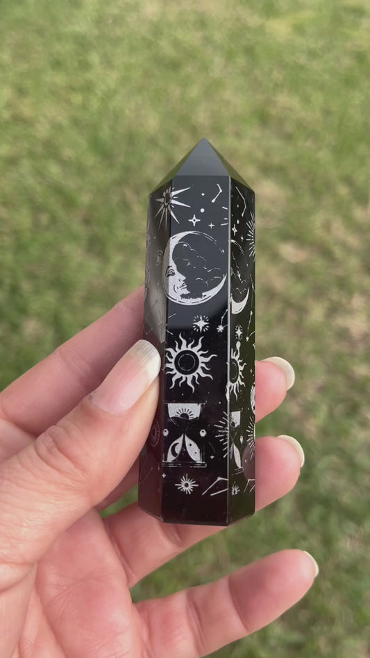 Black Obsidian Silver Etched Obelisk